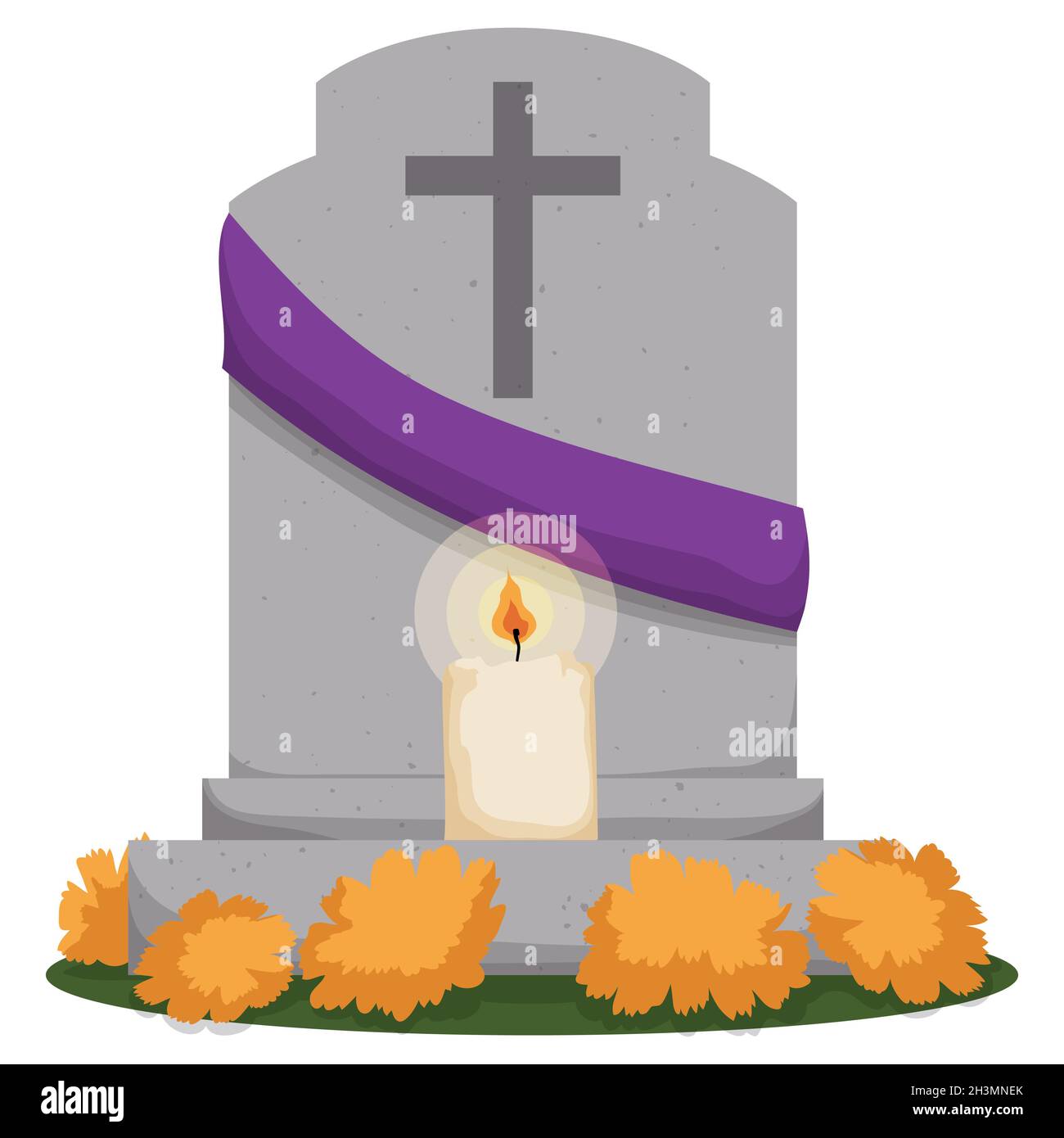 Pierre tombale décorée de croix, ruban violet, bougie éclairée et fleurs jaunes marigolées. Illustration de Vecteur