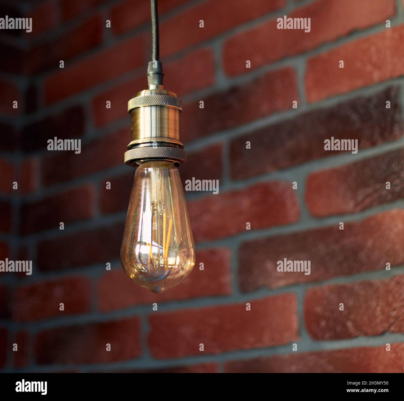 Lampe moderne edison loft décorative suspendue au plafond.Fixation de la lampe.Décoration intérieure minimaliste.Chambre et salon élégants.Brique rouge Banque D'Images
