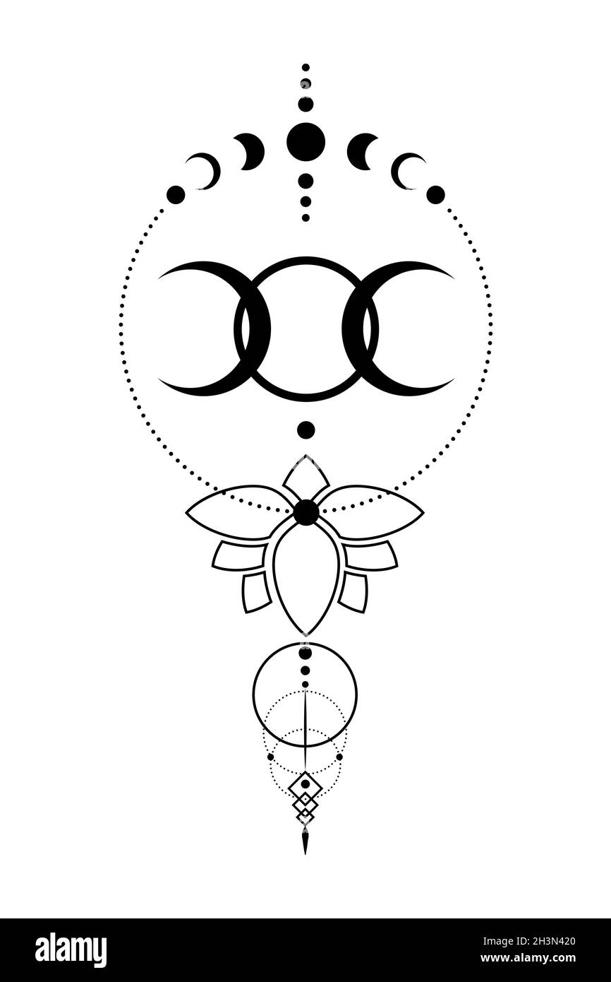 Triple Lune, géométrie sacrée, symbole de la déesse païenne de la demi-lune.Phases de lune, tatouage noir, bannière wicca, cercle d'énergie de fleur de Lotus, boho Illustration de Vecteur