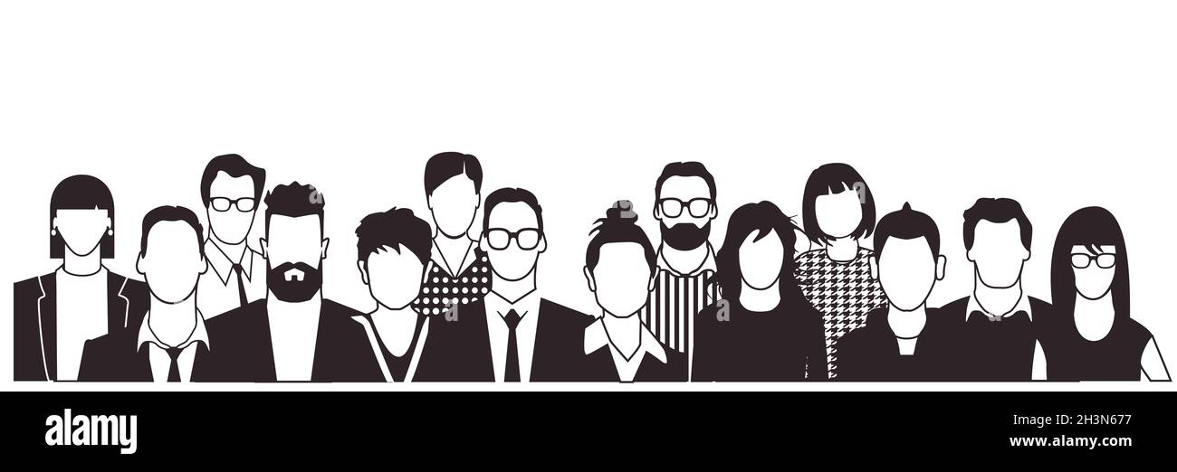 Portrait de groupe de personnes, visages noirs et blancs sur fond blanc. Banque D'Images