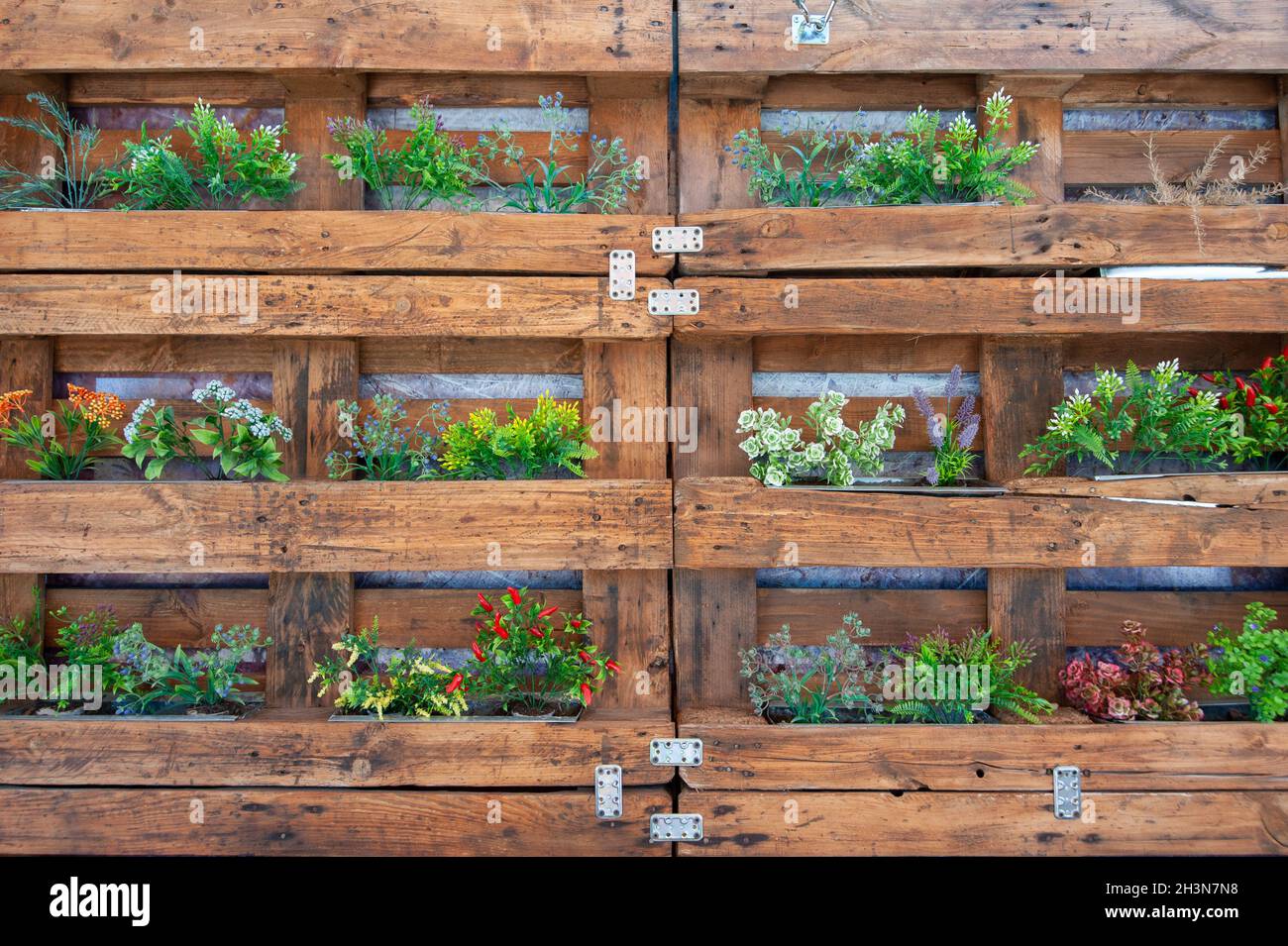 Palette de bois recyclée comme un pot de fleur, accrochée sur un mur Photo  Stock - Alamy