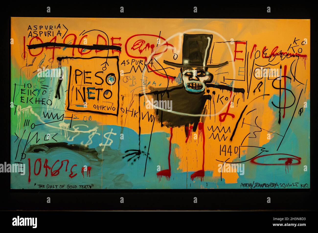 New York, États-Unis.29 octobre 2021.Culpabilité of Gold Teeth, un tableau de Jean-Michel Basquiat, fait partie des ventes nocturnes du 20e/21e siècle et de la collection Cox de Christie's à New York, New York, le 29 octobre 2021.(Photo de Gabriele Holtermann/Sipa USA) crédit: SIPA USA/Alay Live News Banque D'Images