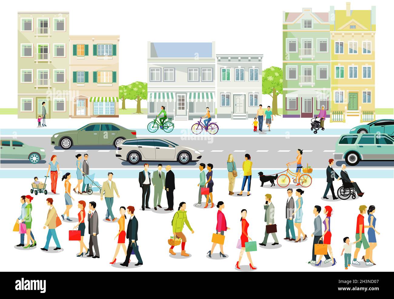 Ville avec des gens et la circulation routière, illustration Banque D'Images