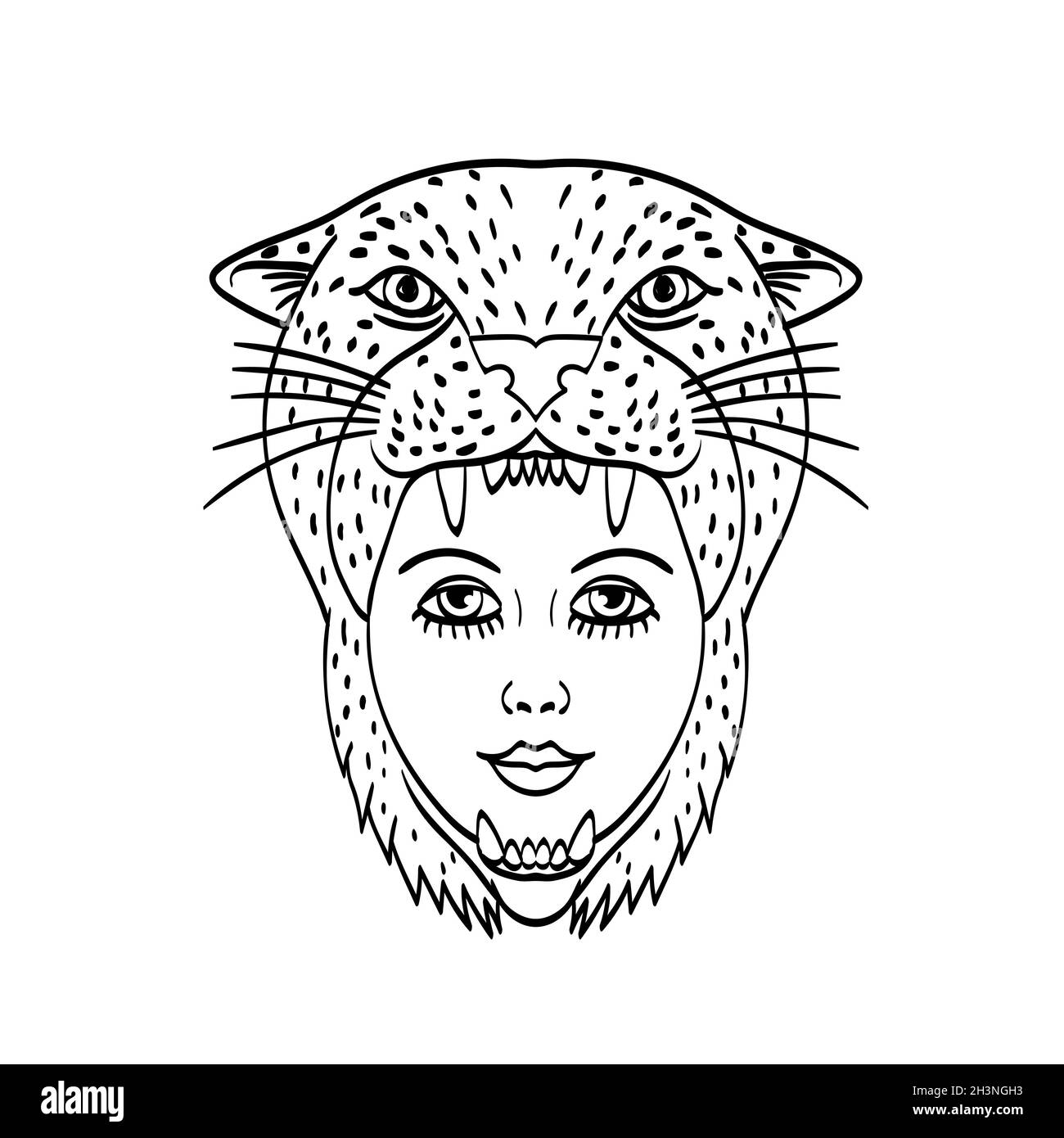 Amazon Warrior portant une Jaguar Headdress Tattoo style Noir et blanc Banque D'Images