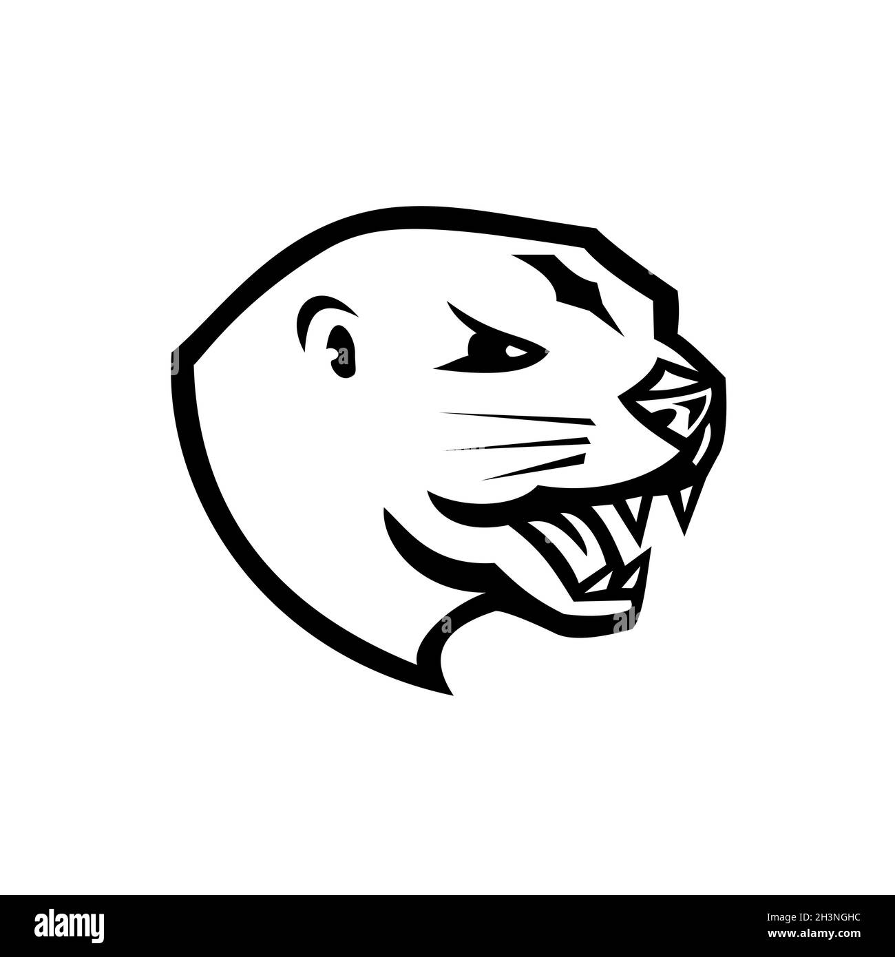 Tête de la Angry North American River Otter ou de la Northern River Otter Mascot Retro Black and White Banque D'Images