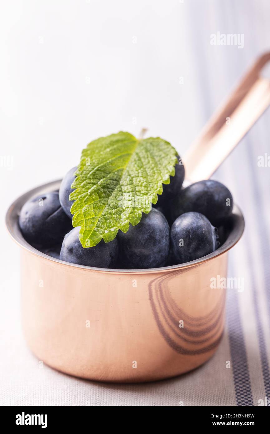 Baies bleues en pot sur bois Banque D'Images