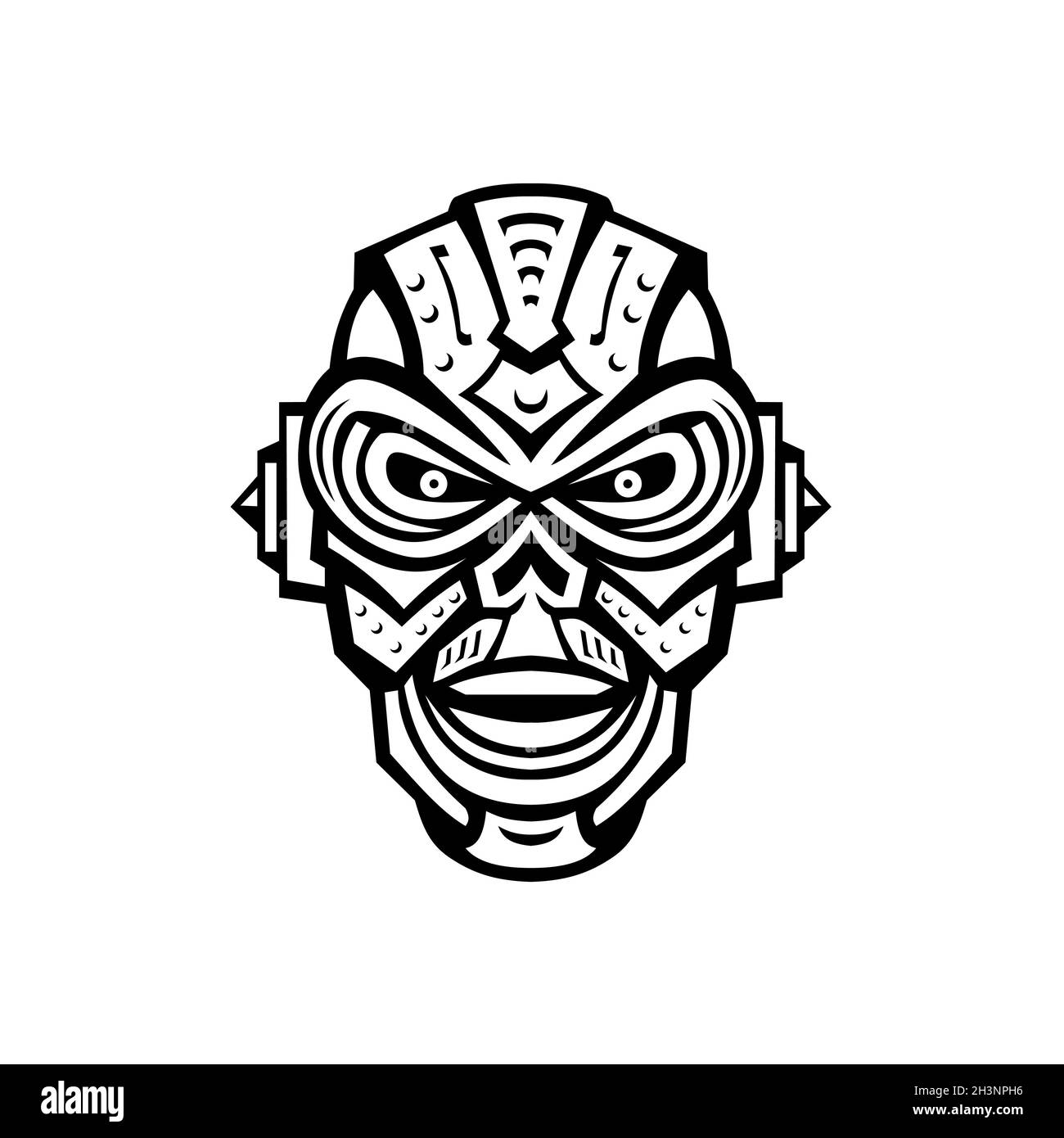 Angry Iron Skull robot ou Android vue de la Mascot avant style rétro noir et blanc Banque D'Images