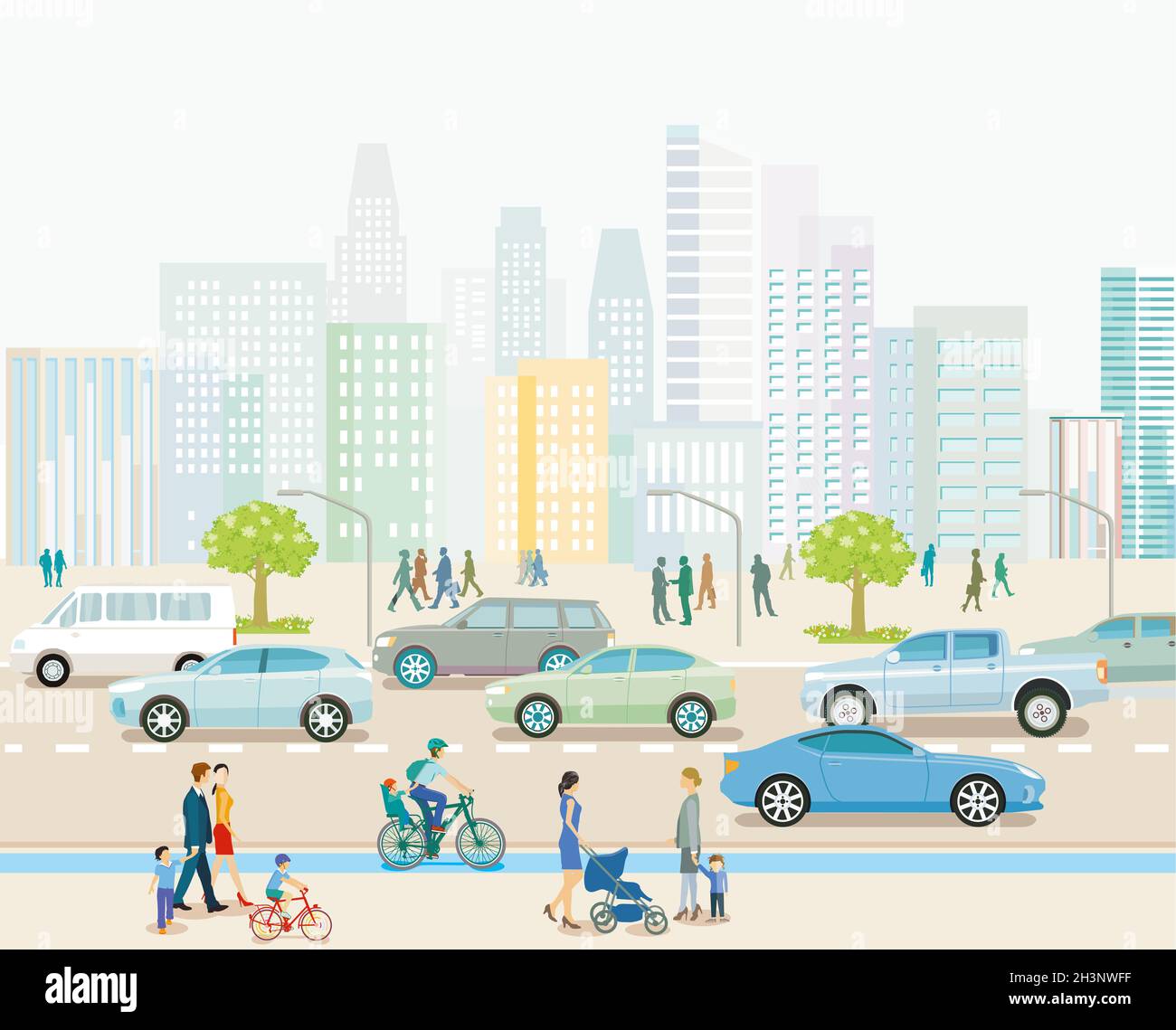 Ville avec circulation routière, immeubles d'appartements et piétons sur le trottoir, illustration Banque D'Images