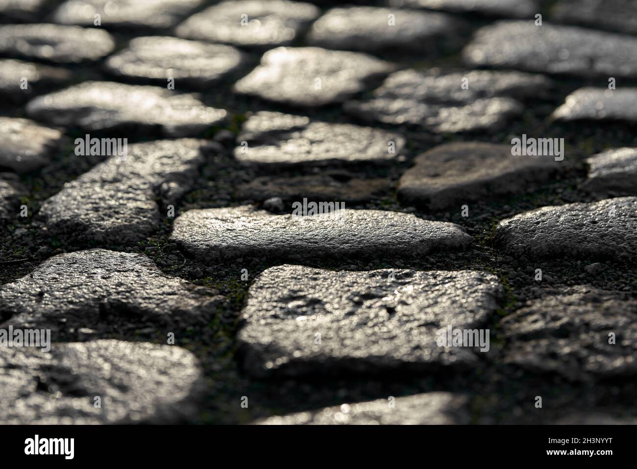 Pavés d'une rue au coucher du soleil Banque D'Images
