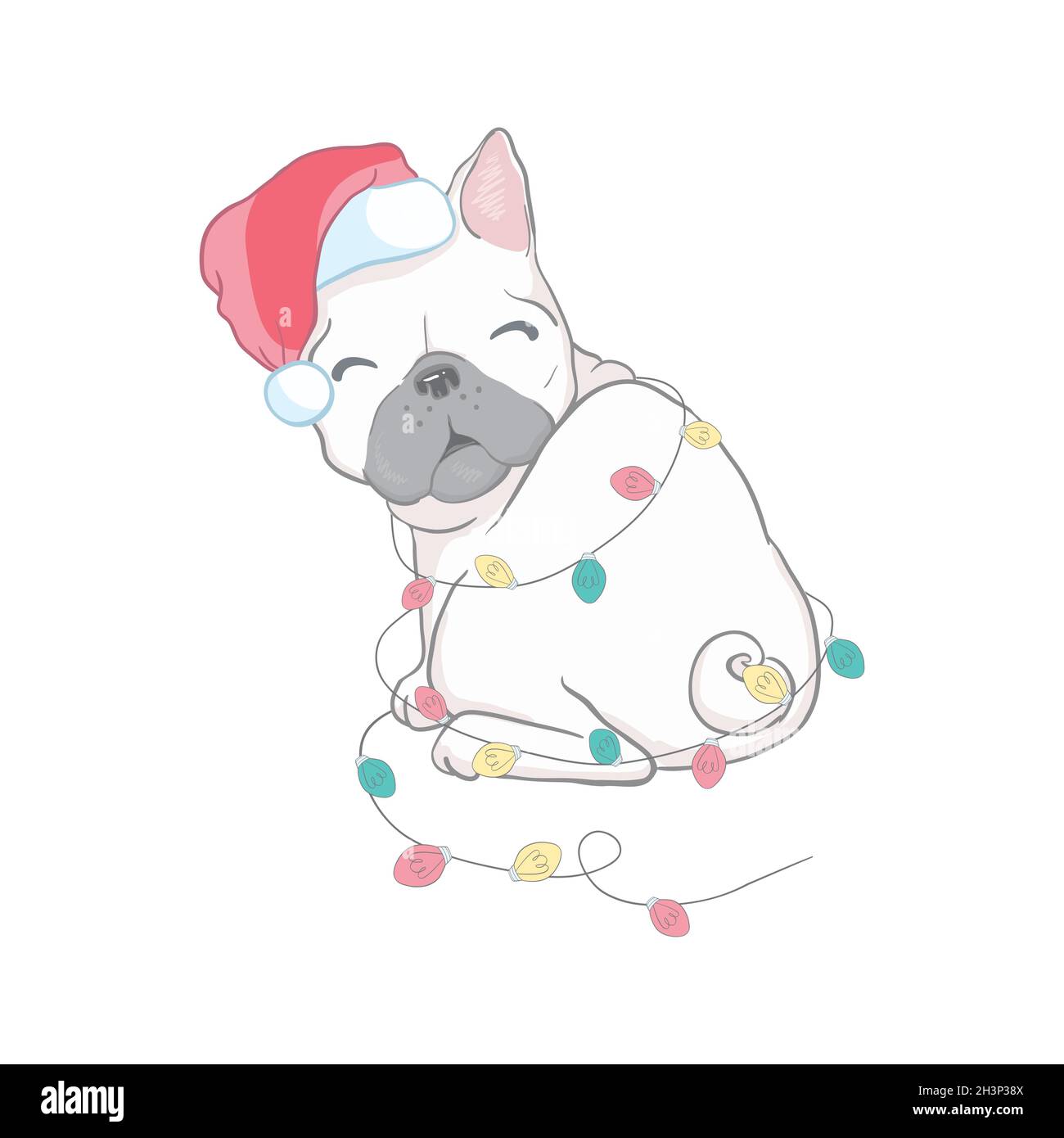 Carte de Noël.Affiche de portrait de bouledogue dans un chapeau de Père Noël.Illustration vectorielle. Illustration de Vecteur