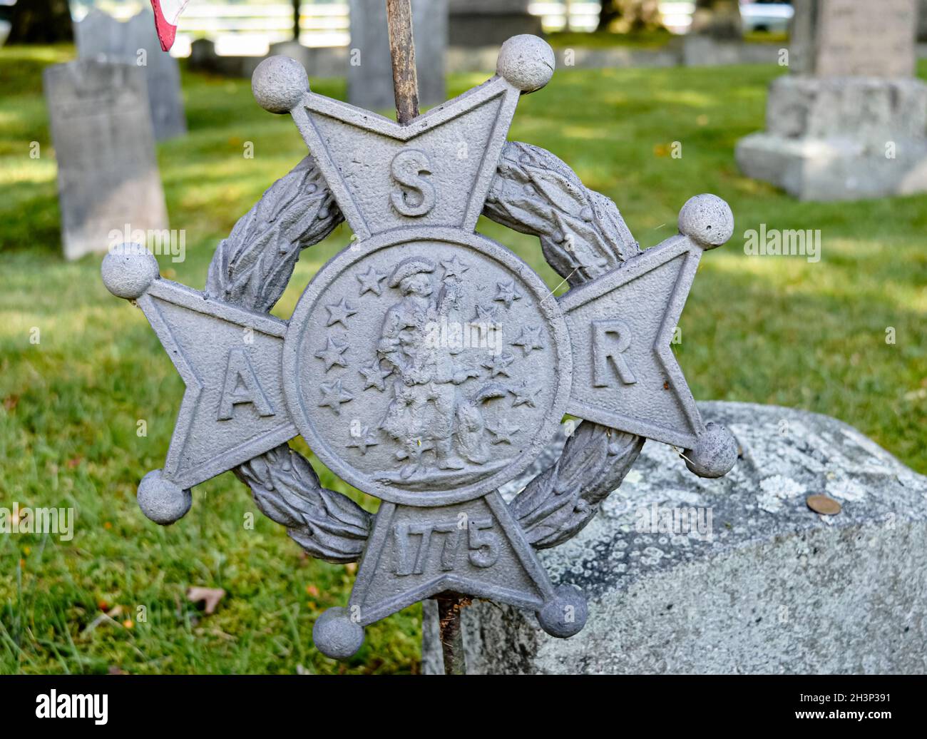 Marqueur de cimetière placé à la tombe des soldats de la guerre d'indépendance par les fils de la Révolution américaine (SAR). Banque D'Images