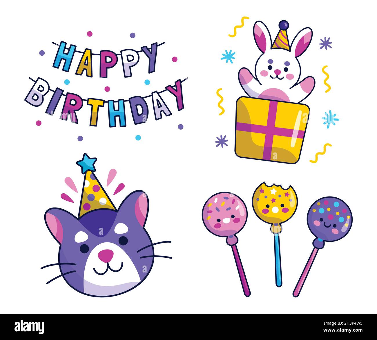 Ensemble D Autocollants D Anniversaire Kawaii Illustration De La Conception Vectorielle Image Vectorielle Stock Alamy