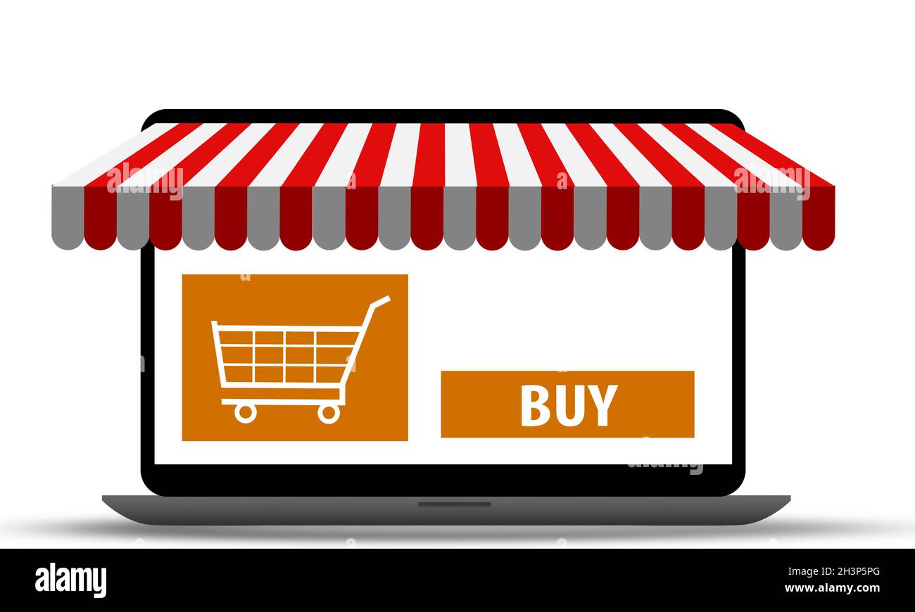 Achat et achat d'un PC portable en ligne. Concept de magasin d'eCommerce Banque D'Images
