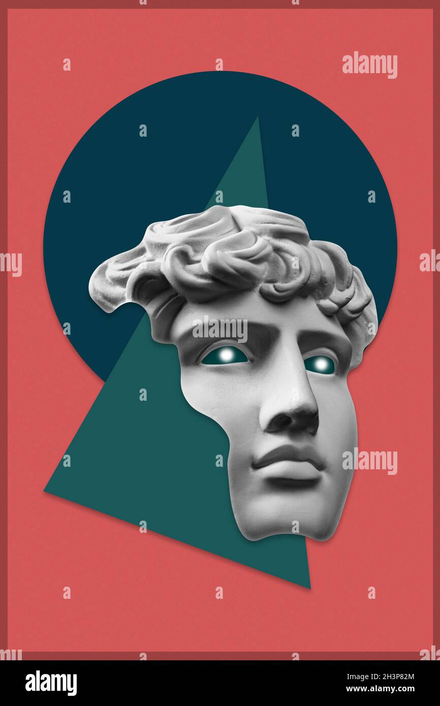 Collage avec plâtre antique sculpture de visage humain dans un style pop art.Concept moderne et créatif avec tête de statue ancienne. Banque D'Images