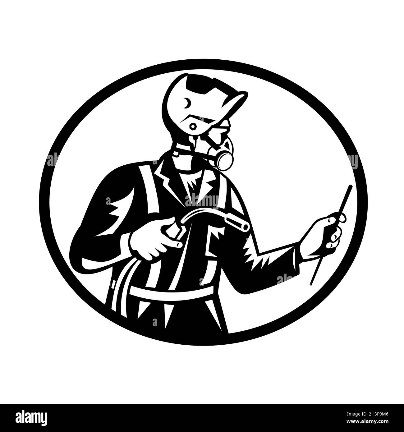 Soudeur portant un demi-masque masque Respirateur tenant la torche de soudage rétro noir et blanc Banque D'Images