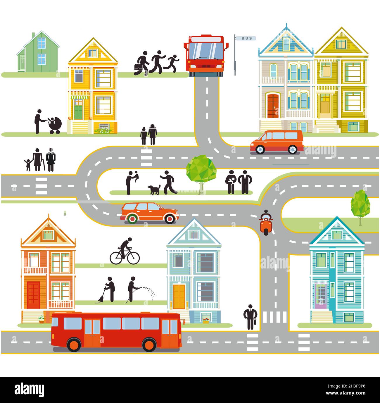 Silhouette de ville avec circulation et personnes, infographie, communauté, illustration de la carte de la ville Banque D'Images