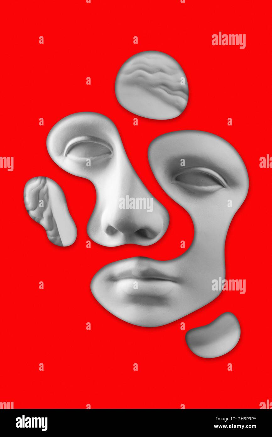 Collage surréaliste avec sculpture antique de visage de femme dans un style pop art.Concept moderne et créatif avec tête de statue ancienne Banque D'Images