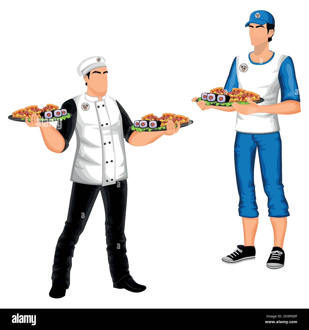 Chef et coursier livrant une commande, les gens sur un fond blanc - illustration vectorielle Illustration de Vecteur