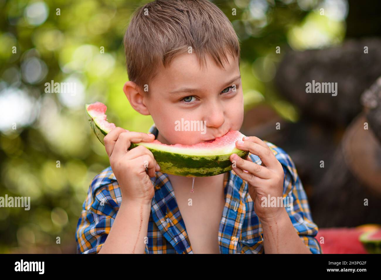 Un garçon mange une pastèque. Portrait en gros plan. Banque D'Images