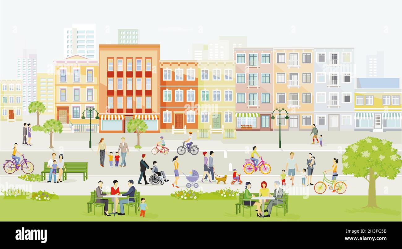 Ville avec des piétons et des familles en temps libre, zone de rangée de voitures, illustration Banque D'Images