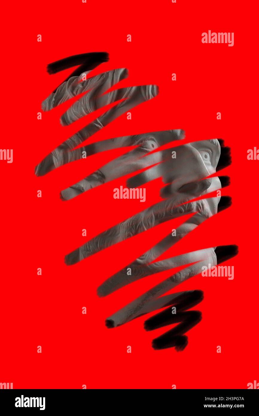 Sculpture antique de visage vieux barbu homme surréaliste collage dans le style pop art.Image moderne avec détails coupés tête de statue.Culte de Zine Banque D'Images