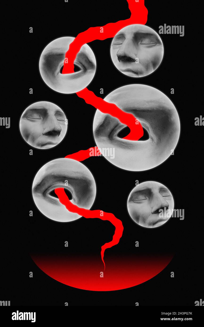 Sculpture antique de collage surréaliste de visage humain de style pop art.Image moderne avec détails de la tête de la statue.Yeux rouges.C foncé Banque D'Images