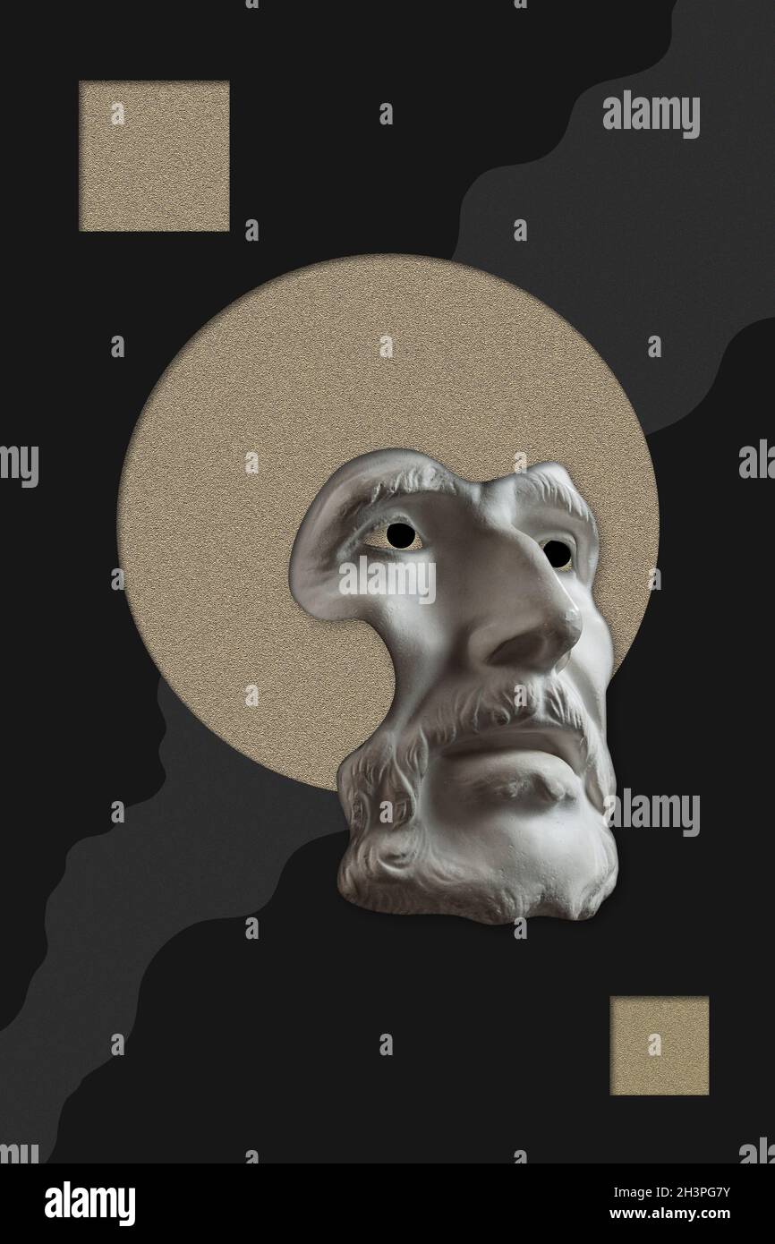 Sculpture antique de visage vieux barbu homme surréaliste collage dans le style pop art.Image moderne avec détails coupés tête de statue.Culte de Zine Banque D'Images