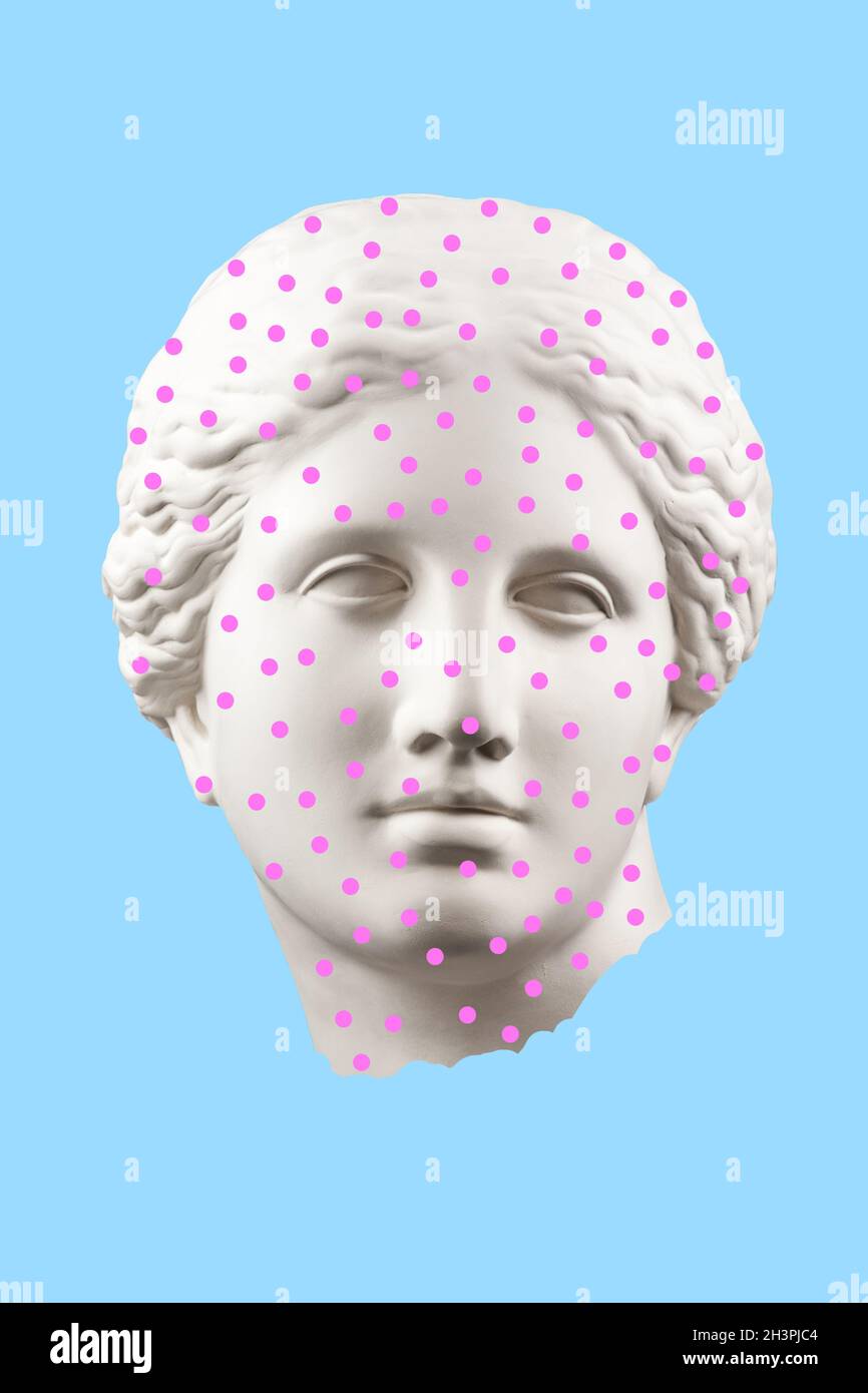 Collage avec sculpture du visage humain dans un style pop art.Concept moderne et créatif avec tête de statue ancienne.Culture Zine.C Banque D'Images