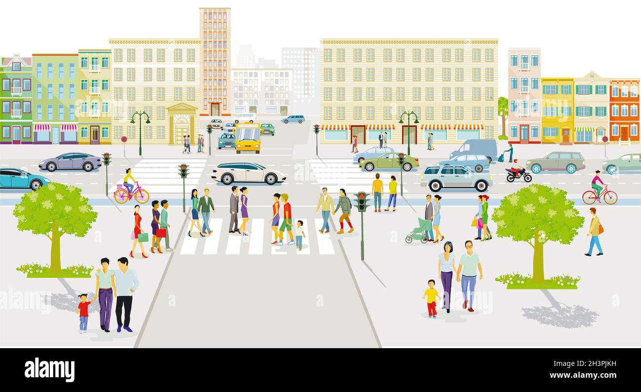 Silhouette de ville avec piétons et circulation routière, illustration Banque D'Images