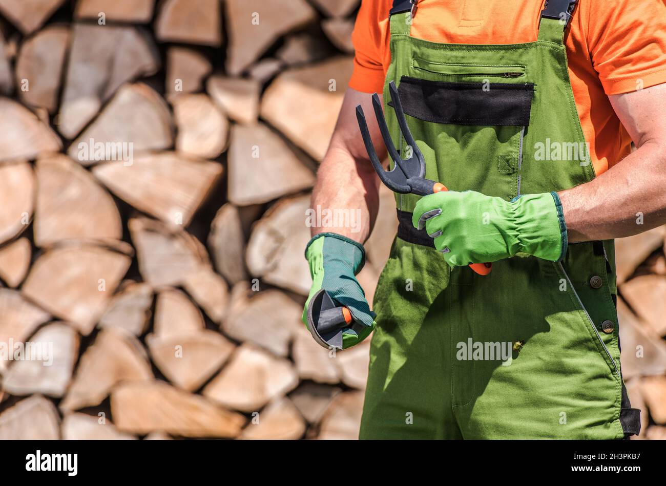 Les hommes de race blanche dans ses années 30 avec des outils de jardin dans ses mains se préparant pour le travail.Thème de travail jardin arrière-cour Banque D'Images