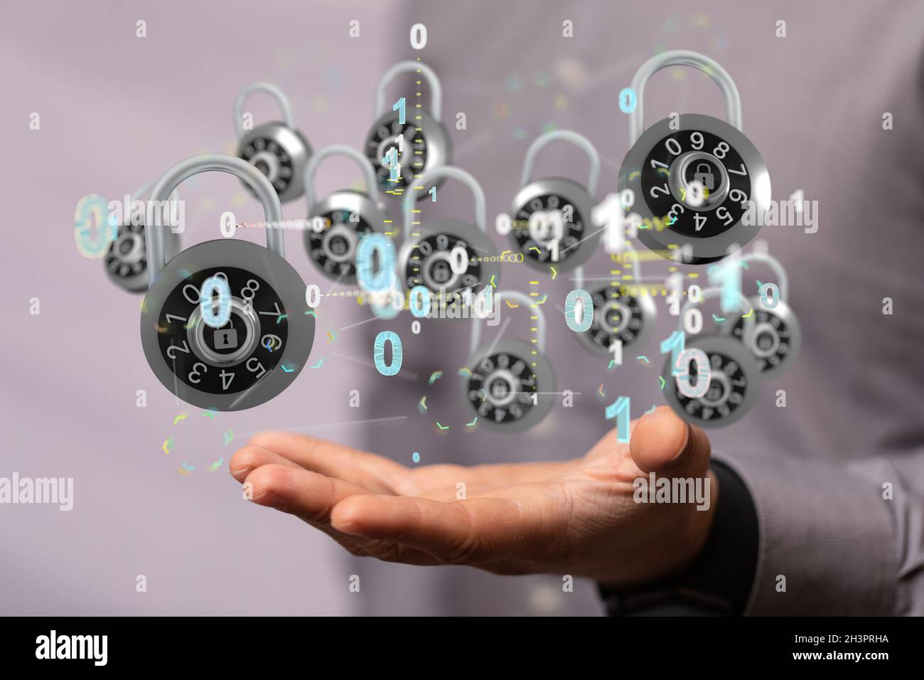 Signe 3D de la protection des technologies de l'information flottant sur la main d'un homme Banque D'Images