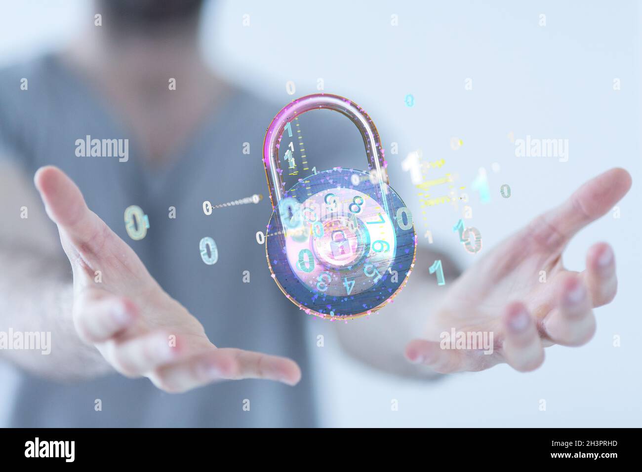 Signe 3D de la protection des technologies de l'information flottant sur la main d'un homme Banque D'Images
