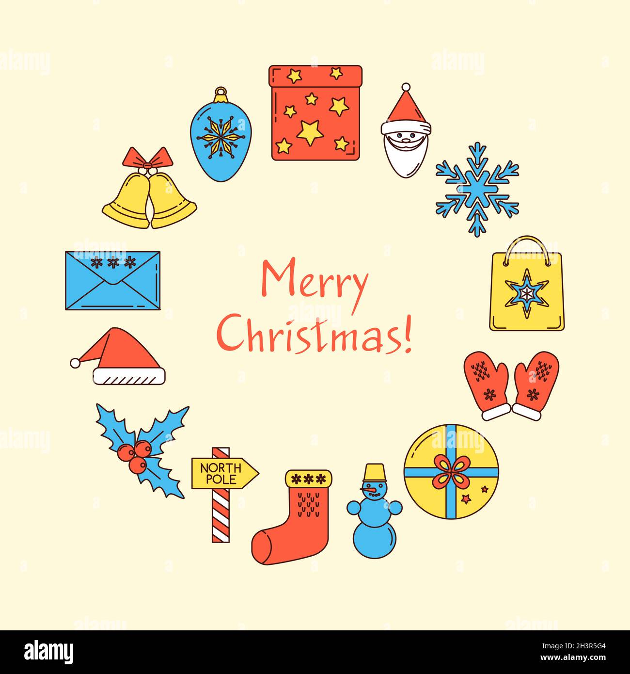 Bannière concept ronde Joyeux Noël avec place pour le texte.Affiche des fêtes dans un style coloré.Illustration vectorielle. Illustration de Vecteur