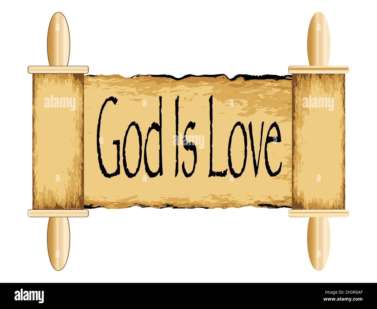 Un ancien parchemin religieux avec des poignées en bois et le texte Dieu est Amour Banque D'Images