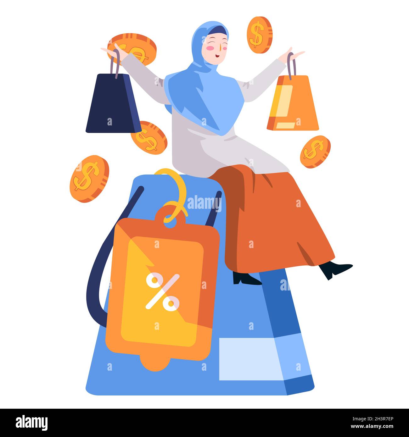 femme avec hijab tenant sac de papier après les achats heureux obtenir la réduction de prix du produit moderne plat couleur isolée illustration vectorielle Illustration de Vecteur
