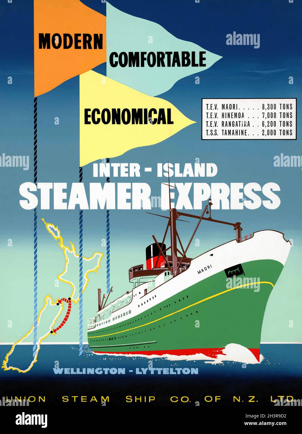 Moderne, confortable, économique.Cuiseur vapeur Inter-Island Express.Wellington - Lyttelton.Artiste inconnu.Affiche ancienne restaurée publiée dans les années 1950 en Nouvelle-Zélande. Banque D'Images
