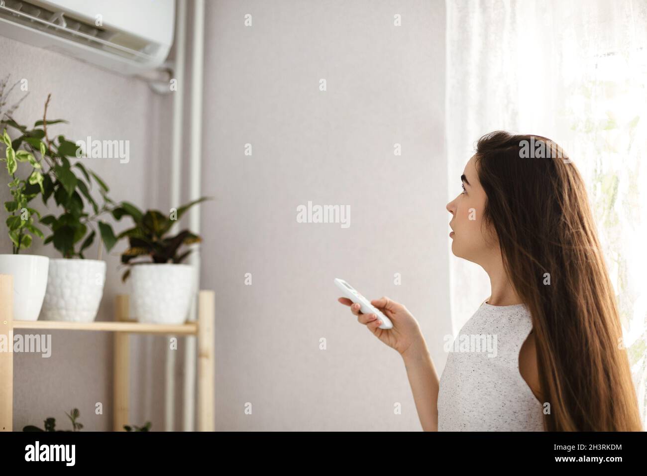 Jeune femme brune tenant une télécommande d'une unité de climatisation à la maison Banque D'Images