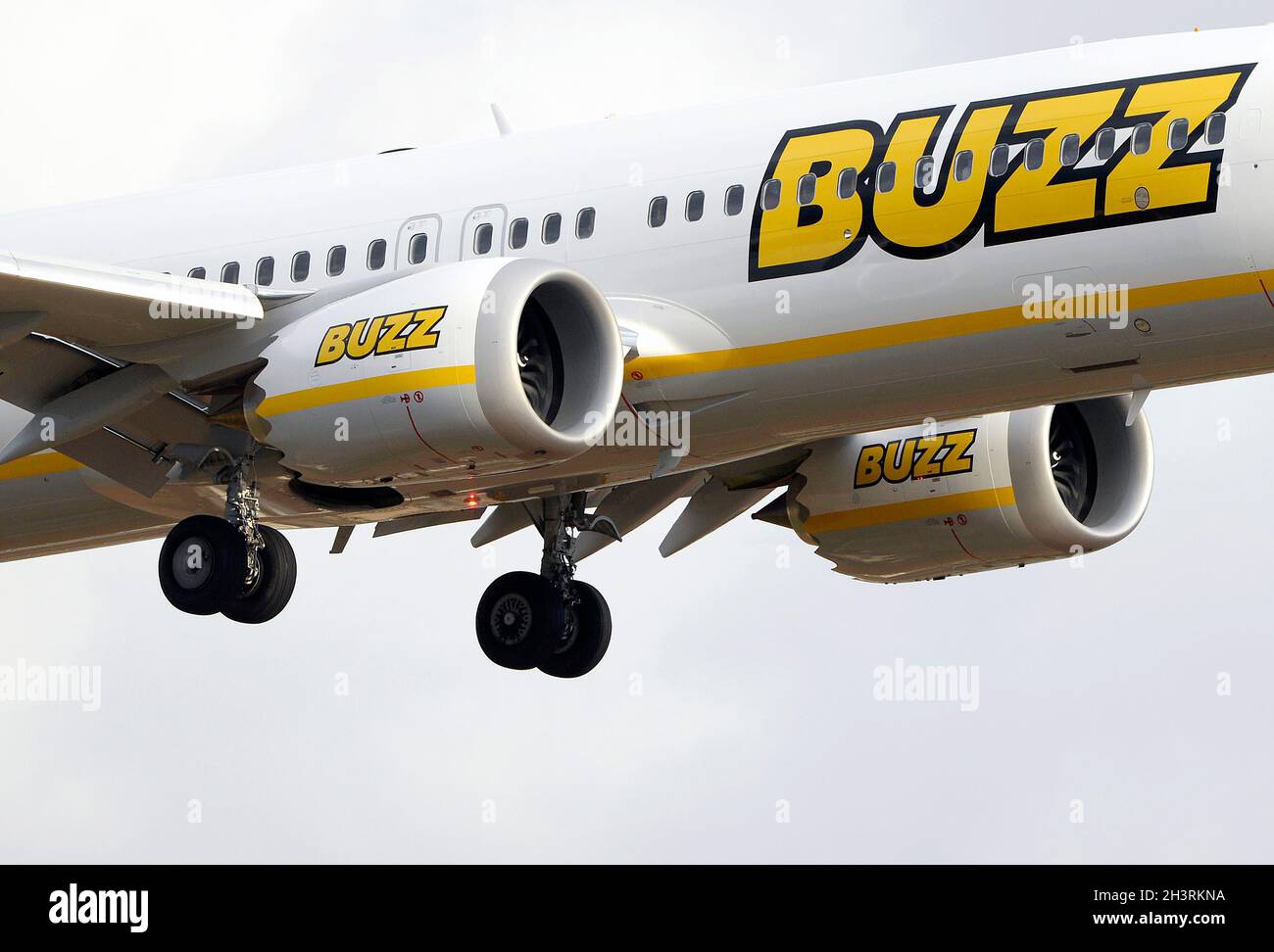 Boeing 737 MAX 8-200 avion de la compagnie Ryanair et Buzz, avec un dessin d'une abeille sur la queue, plaque D-AIRY, approchant de la Palma de Majorque Banque D'Images