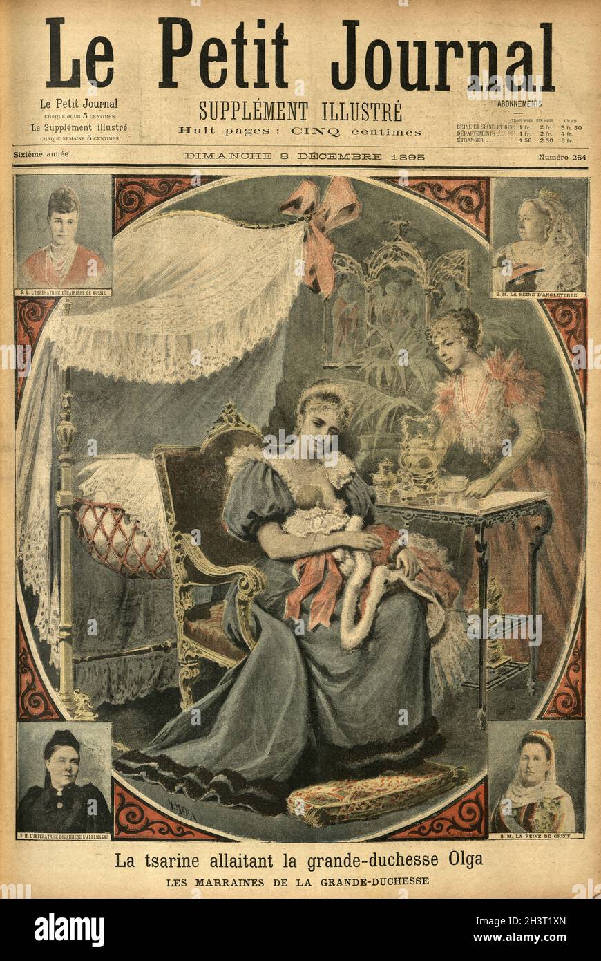 Première page du petit Journal, illustration ancienne de l'impératrice Alexandra Feodorovna de Russie qui allaite la Grande duchesse Olga Nikolaevna, 1895, 19e siècle Banque D'Images