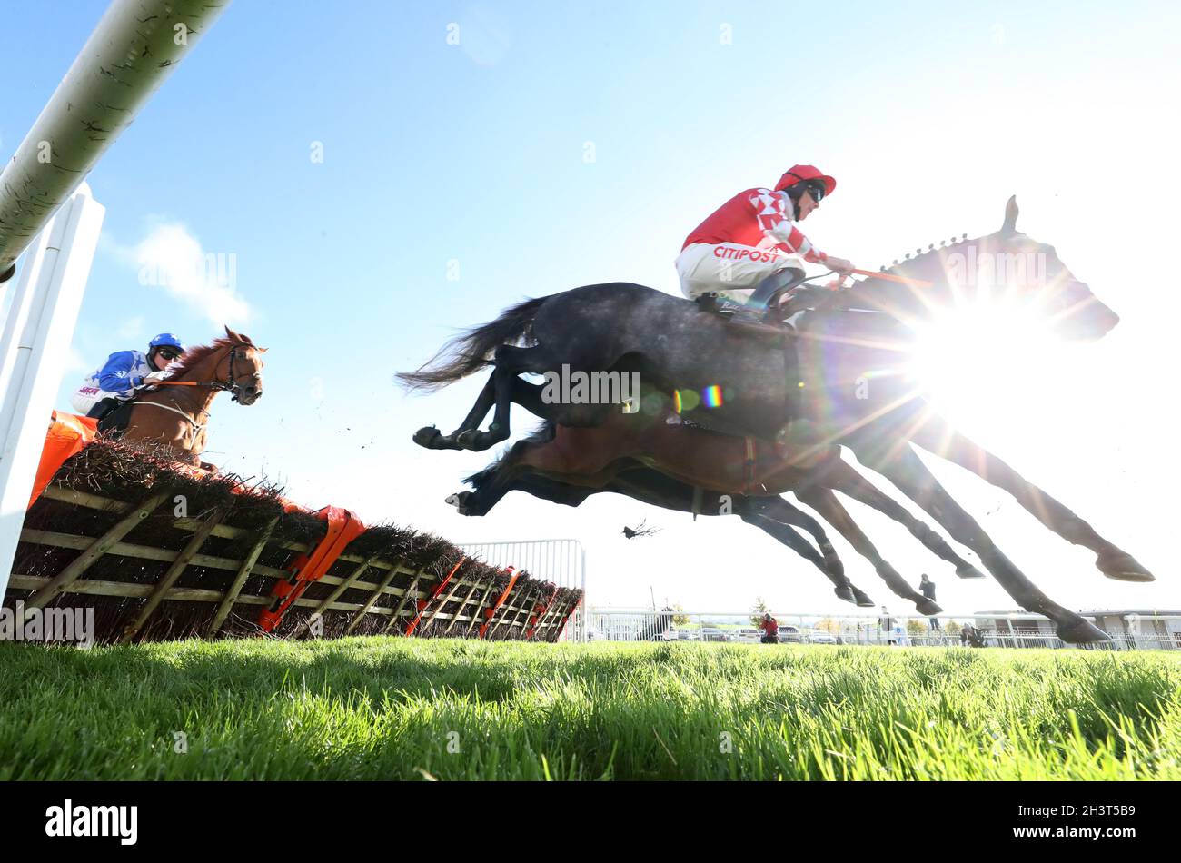 Fil Dor (à droite), crié par le jockey Davy Russell sur le chemin de gagner l'obstacle Value Cabs 3-Y-O pendant la deuxième journée du Ladbrokes Festival of Racing à Down Royal racecourse.Date de la photo: Samedi 30 octobre 2021. Banque D'Images