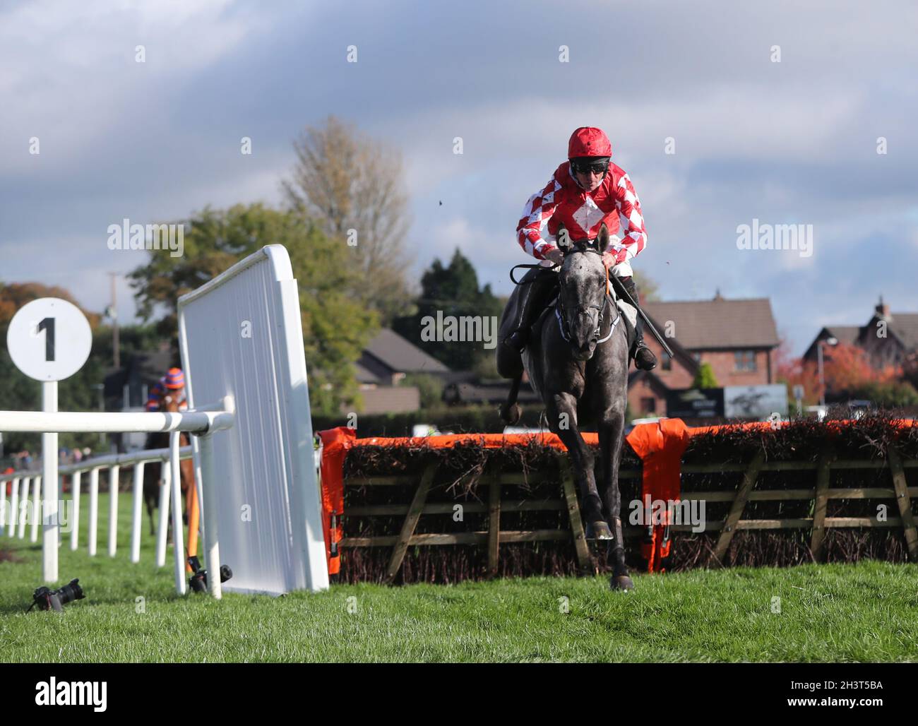 FIL Dor, criblé de jockey Davy Russell, saute la dernière clôture sur leur chemin pour gagner l'obstacle Value Cabs 3-Y-O au cours de la deuxième journée du Ladbrokes Festival of Racing à Down Royal racecourse.Date de la photo: Samedi 30 octobre 2021. Banque D'Images