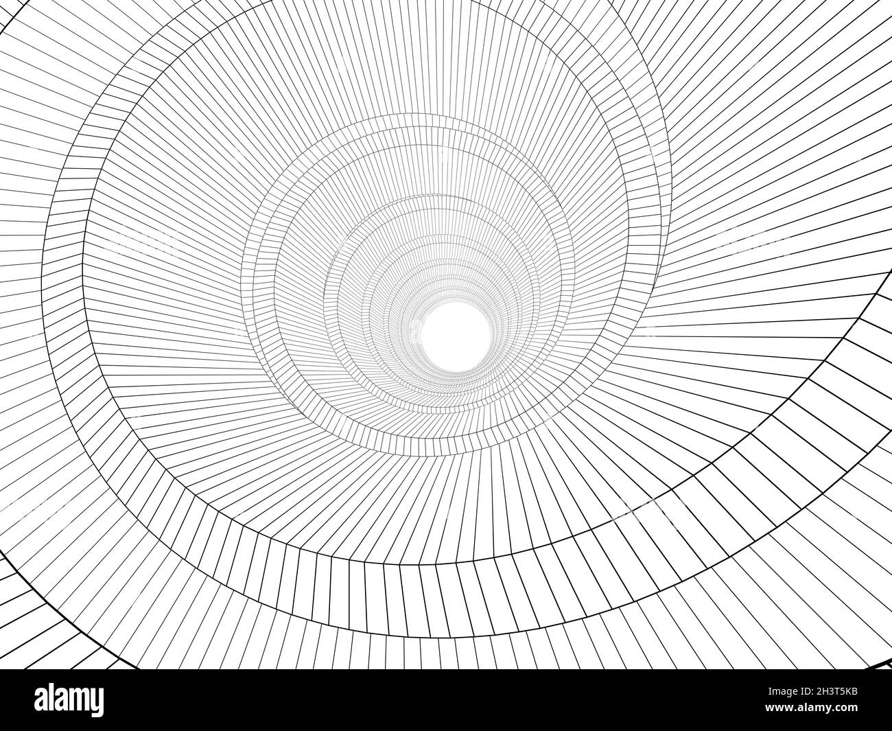Modèle intérieur en spirale avec cadre en fil de contour, vue en perspective grand angle isolée sur fond blanc, illustration de rendu 3d Banque D'Images