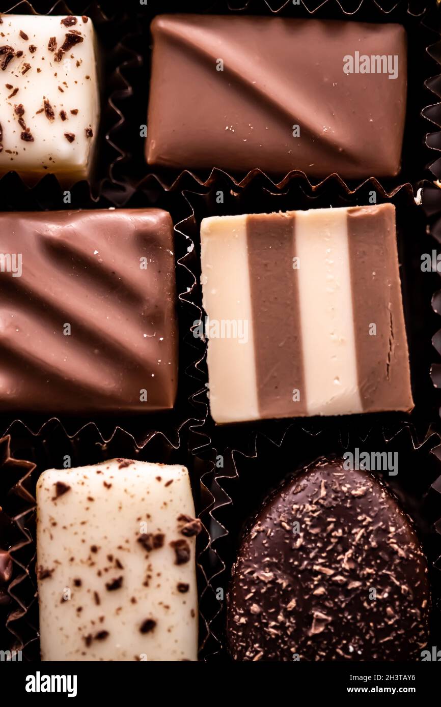 Chocolats suisses dans une boîte cadeau, diverses pralines de luxe en chocolat noir et chocolat au lait biologique en chocolat en Suisse, sw Banque D'Images