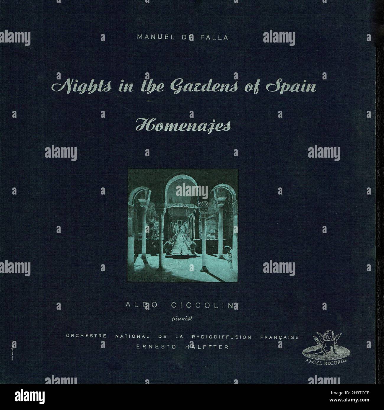Fla Nights in the Gardens of Spain – Homenajes – Ciccolini Halffter Angel cheville 1 – musique classique Vintage Vinyl Record Banque D'Images