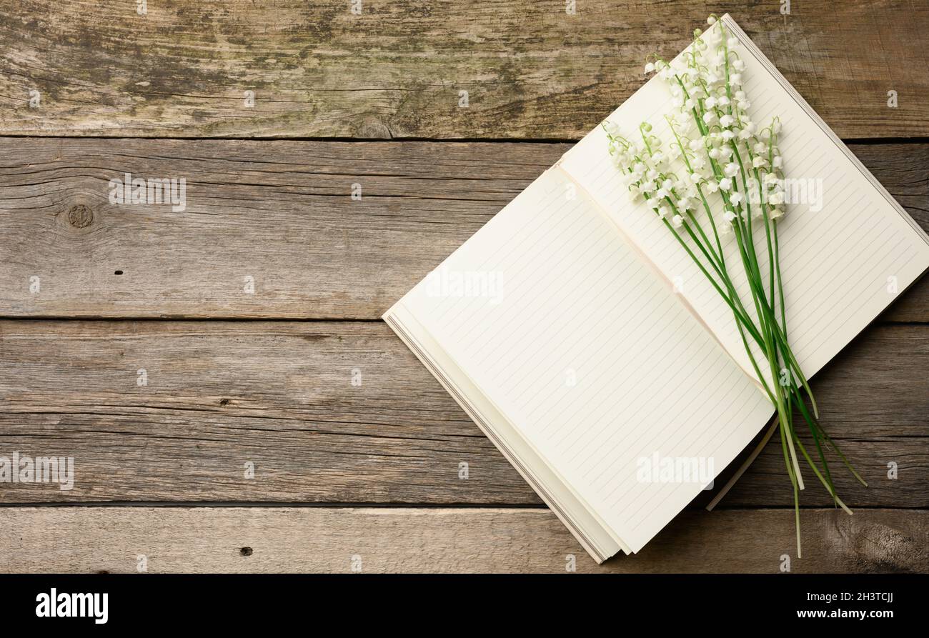 Carnet ouvert avec des feuilles blanches vierges et un bouquet de lys fleuris de la vallée sur une table en bois de planches grises, top vie Banque D'Images