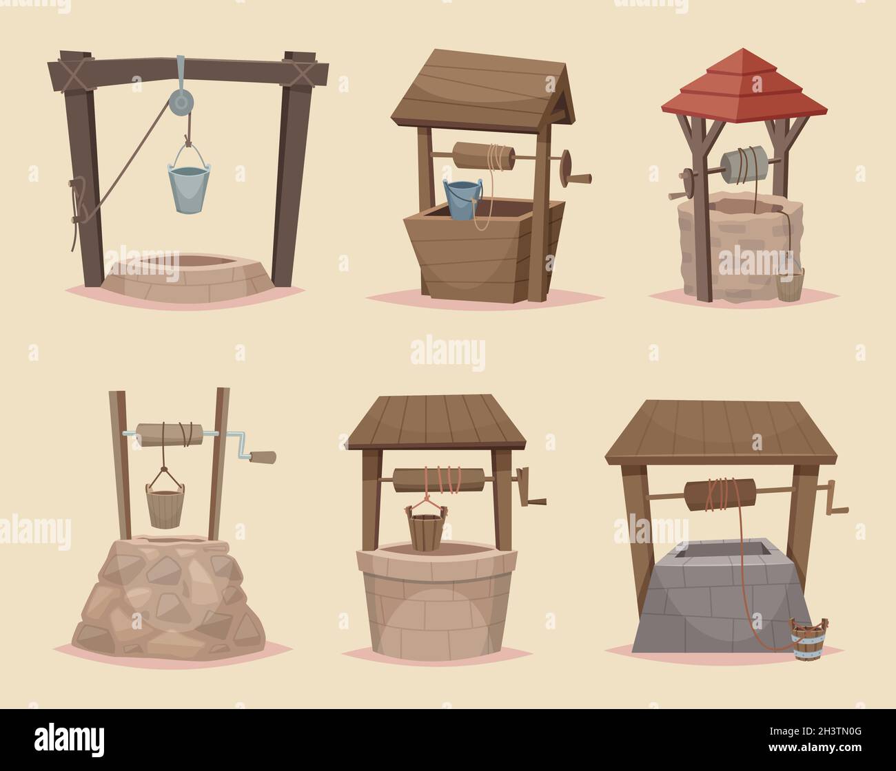 Bien caricature.Bien-être différent des matériaux en bois et en pierre village objets architecturaux collection de vecteur Illustration de Vecteur