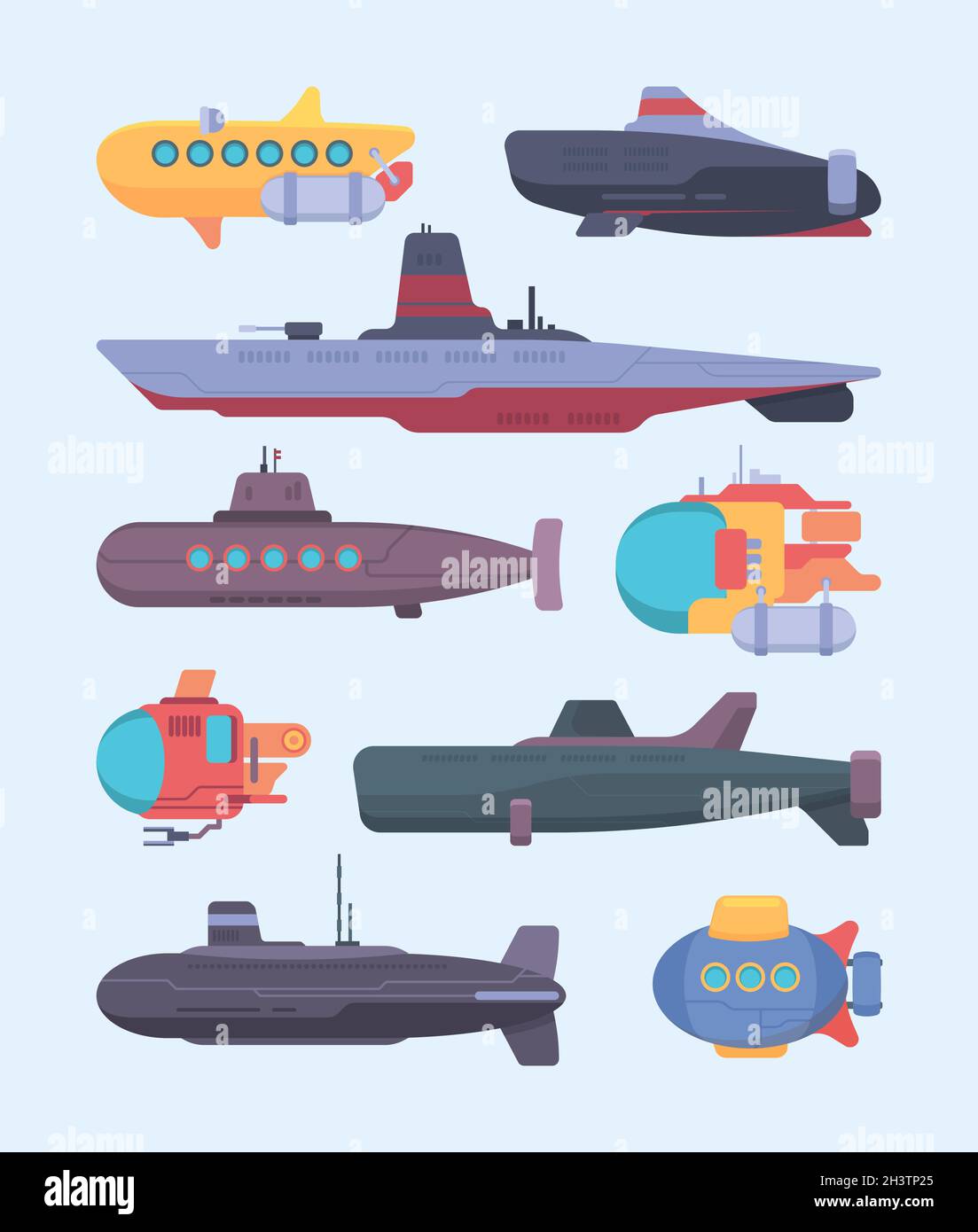 Bateau sous-marin.Sous-marins plongée exploration de l'océan vecteur illustrations de dessin animé ensemble Illustration de Vecteur