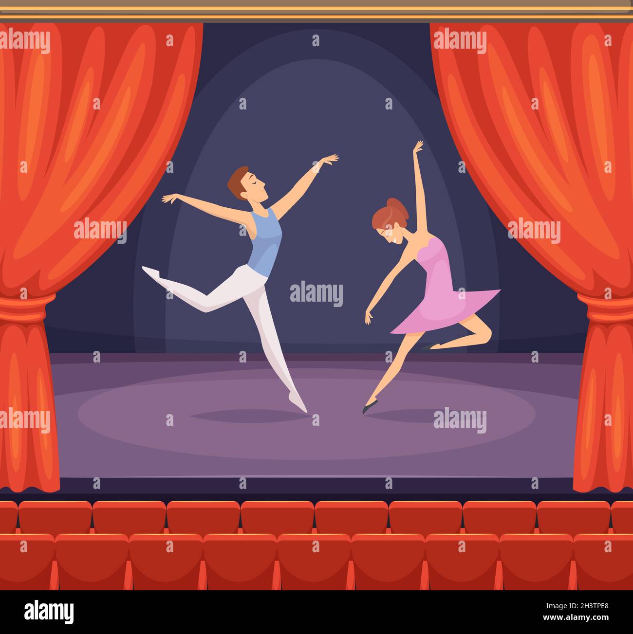 Scène de ballet.Danseuse, homme et femme, dansant sur scène, vecteur magnifique sur fond de rideaux rouges dans le théâtre Illustration de Vecteur