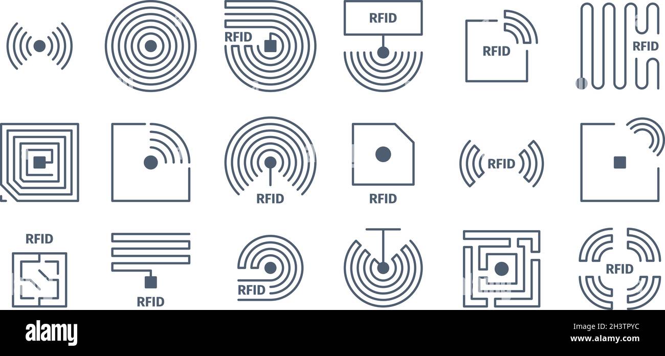 Icônes RFID.Identification des puces de marquage radio semi-conducteurs sans fil symboles vectoriels de fréquence Illustration de Vecteur
