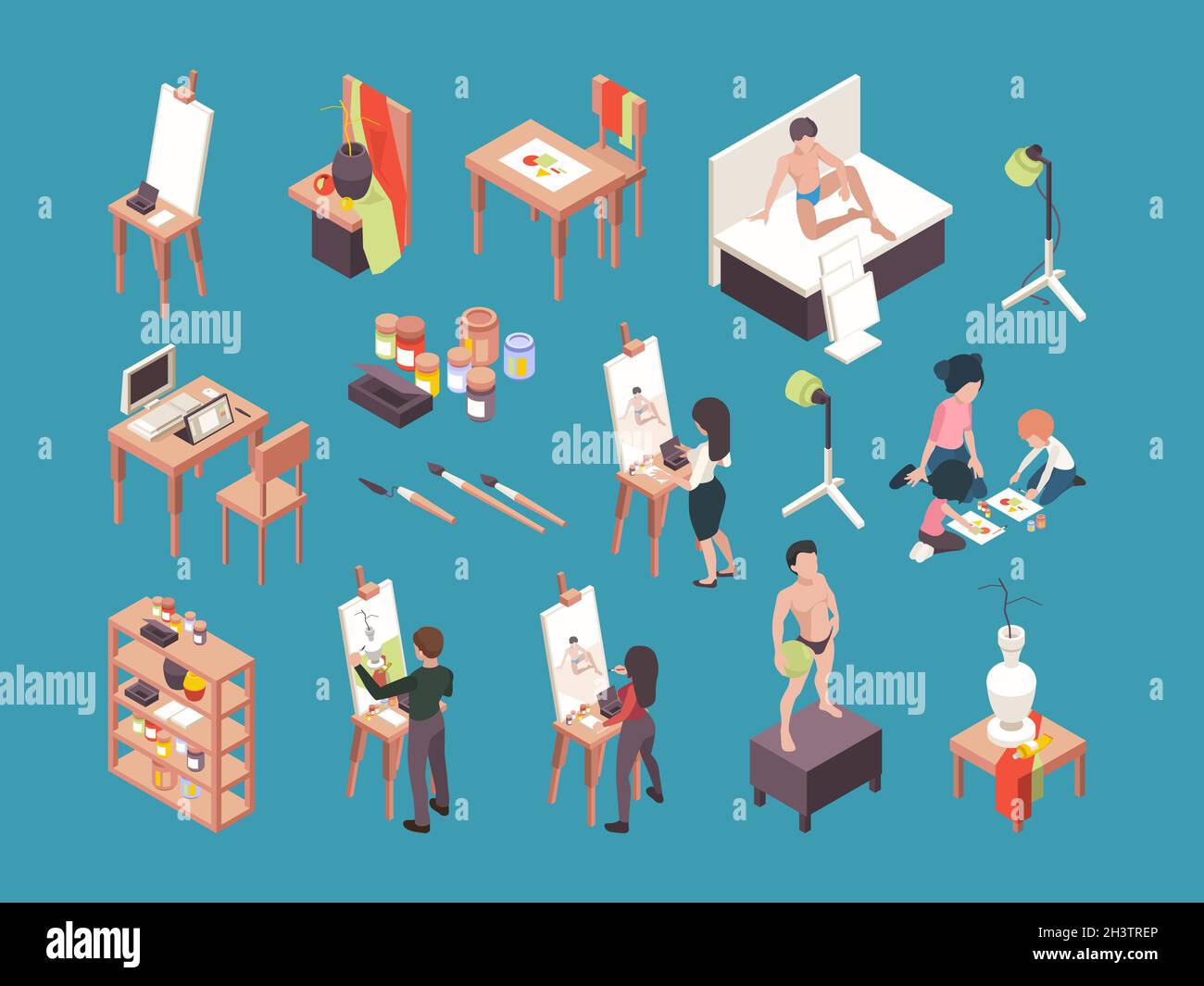 Accessoires d'artiste.Personnes peintres faire l'image avec des pinceaux et de la peinture de fabrication de vecteur artistes isométriques Illustration de Vecteur